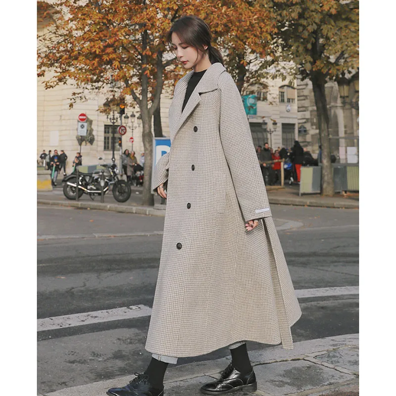 beige thin lining Высокое качество, клетчатое шерстяное пальто для женщин, новинка, Корейская шерсть, ветровка, женский осенний зимний длинный плащ с поясом d056 - Цвет: beige thin lining