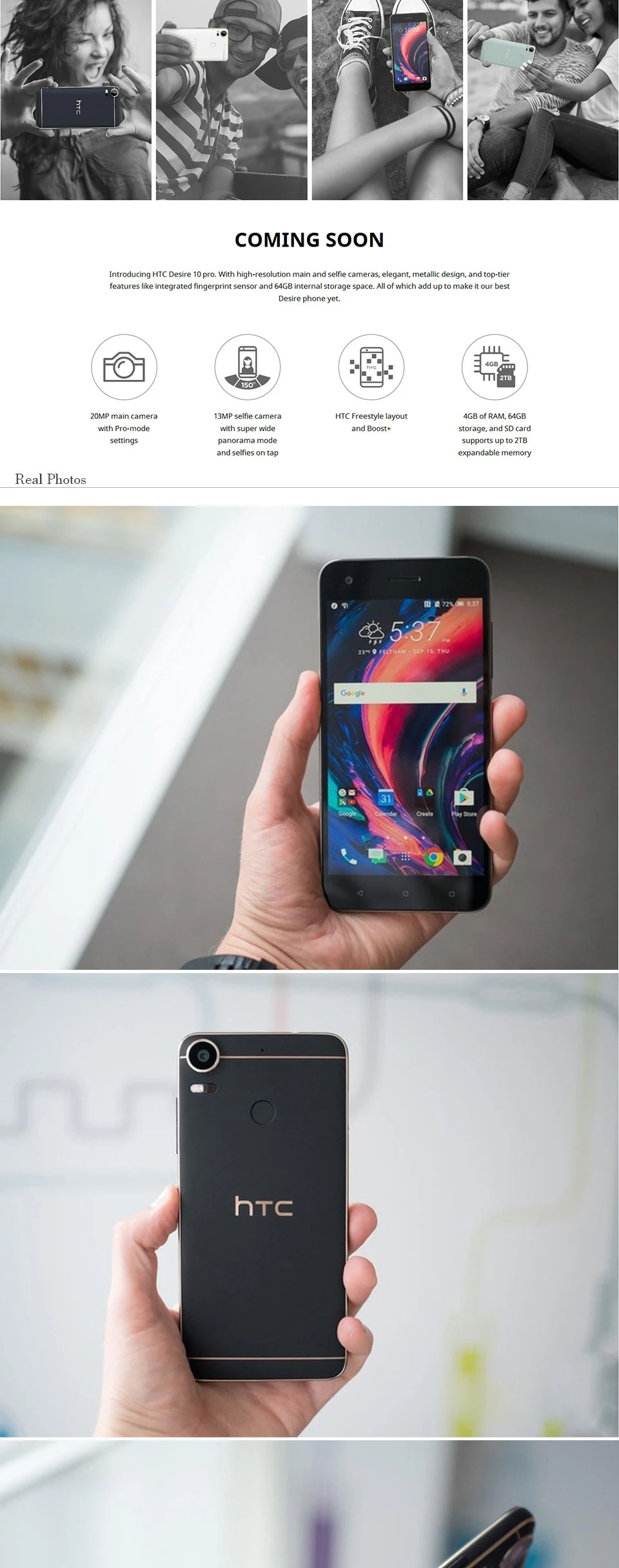 htc Desire 10 Pro, 4 Гб ОЗУ, 64 Гб ПЗУ, LTE телефон, четыре ядра, две sim-карты, Android OS, две sim-карты, 20 МП, 5,5 дюймов, отремонтированный телефон