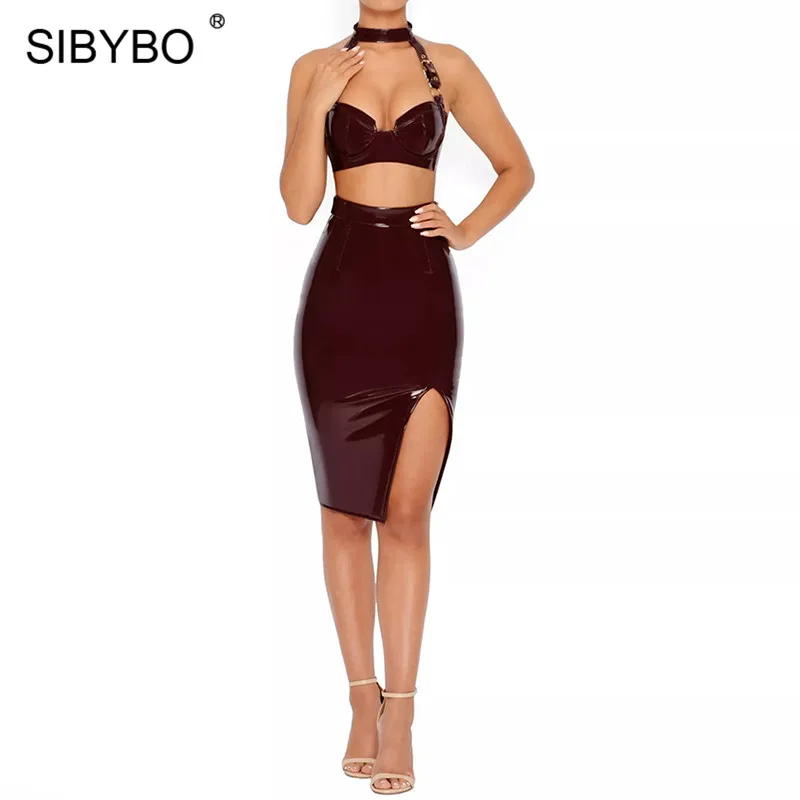 Sibybo, без бретелек, Холтер, из искусственной кожи, комплект из двух частей, платье для женщин, открытая разрезная оболочка, открытая спина, сексуальное женское платье, летнее вечернее платье для женщин