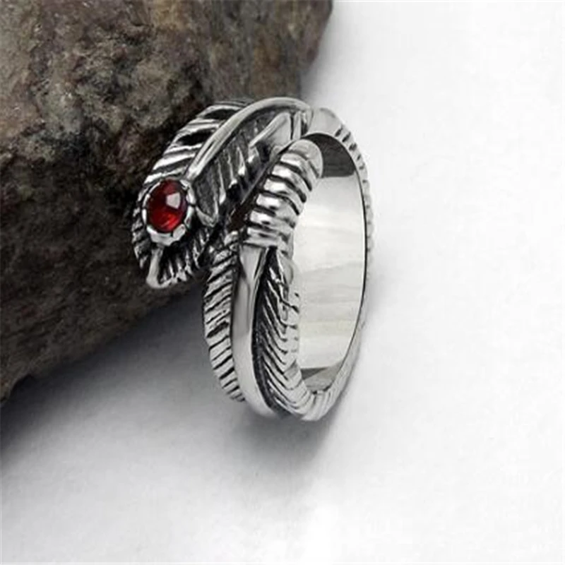 Titanium steel Rings Retro Silver Feather Handmade Vintage Red Garnet Natural Stone Jewerly Opening Size For Women And Men | Украшения и