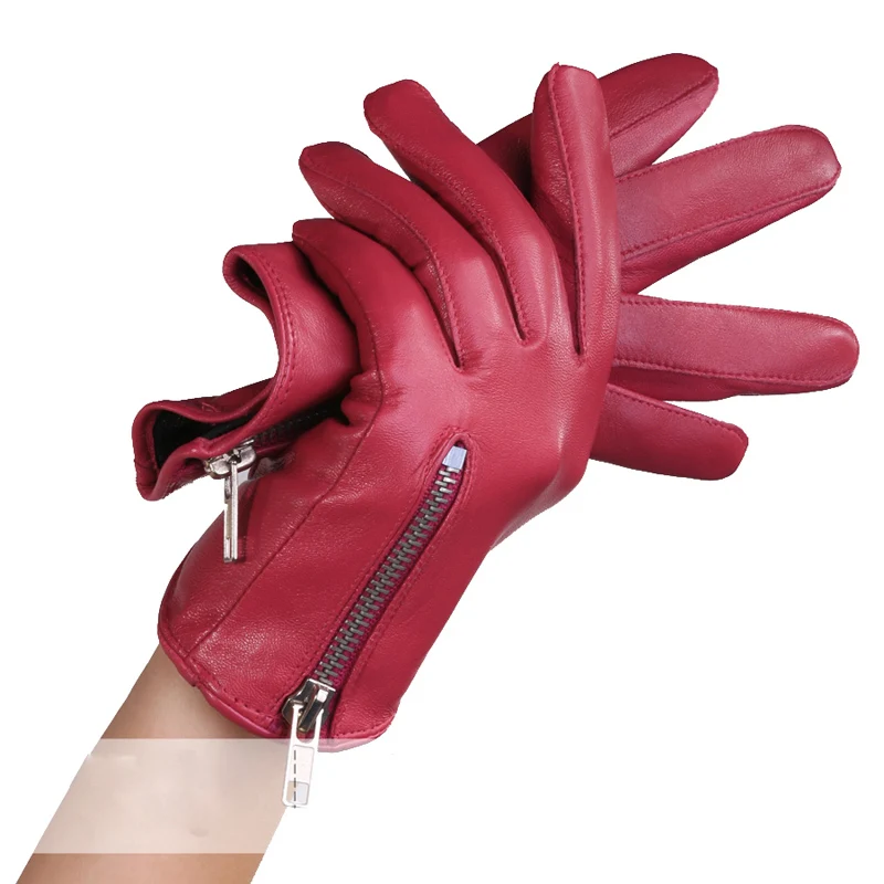 rose red Женские кожаные перчатки из овечьей кожи красного цвета с молнией, европейская версия французских элегантных женских перчаток TB51 - Цвет: rose red