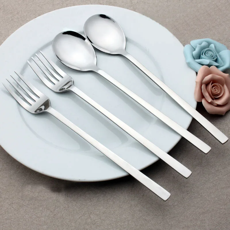 

4pcs 8.5'' Korean Cutlery Stainless steel Dinner Spoon Fork Long handled Tableware Travel Portable Silver Dinnerware Flatware