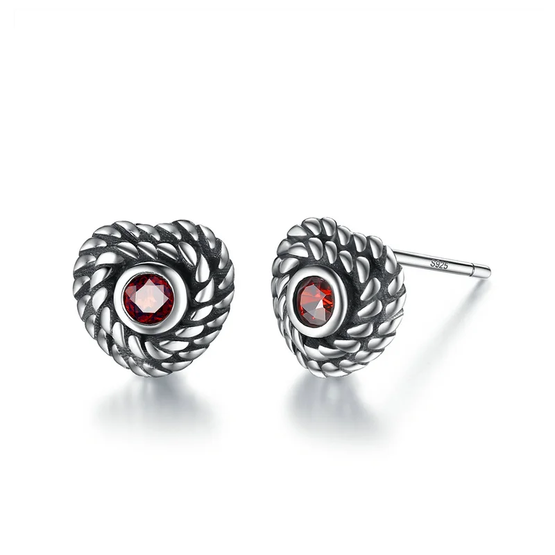

Rope Winding Heart 925 Sterling Silver Oxidation Vintage Wire Red Zirconia Gothic Stud Earrings Woman Best Jewelry