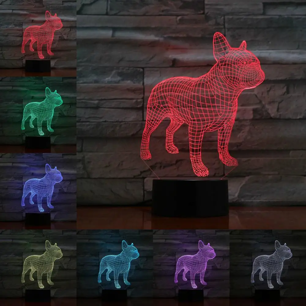 3d лампа в виде французского бульдога ночсветильник с иллюзией светодиодная