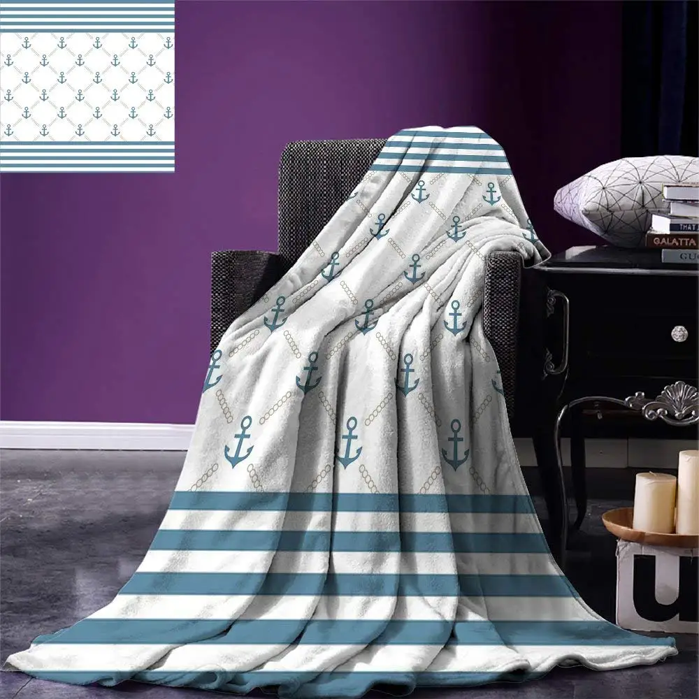 

Anchor Throw Blanket Blue Stripes Frame with Abstract Stripes and Chain Figures Symmetrical Pattern Warm Microfiber