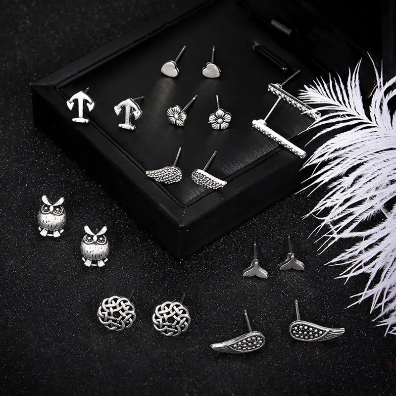 9 пар/уп. богемные винтажные серебряные Сова рыбий хвост якорь Цветочные крылья в