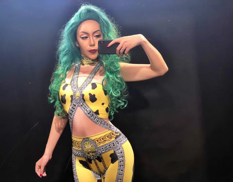 Women Sexy Stage Nightclub Costumes for Singer Yellow 3D Print Sparkly Crystals Dj Gogo Jumpsuit Rhinestone Dress | Тематическая