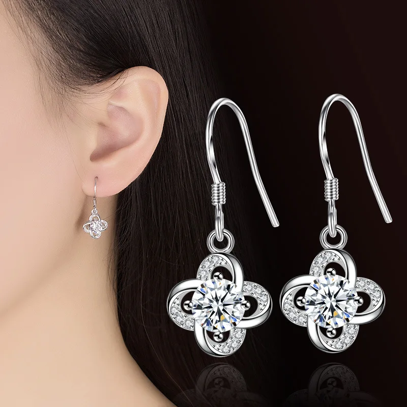 

100% 925 Sterling Silver Flower Shiny Crystal Female Drop Earrings For Women Jewelry Wedding Gift No Fade Drop Shipping
