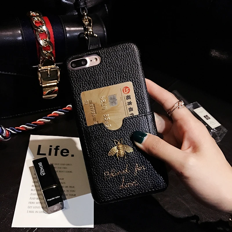 Luxury Fashion brand Classic 3D Metallic Honey Bee Card soft Leather hard phone case for iphone6 7 8plus X XR XS Max cover |