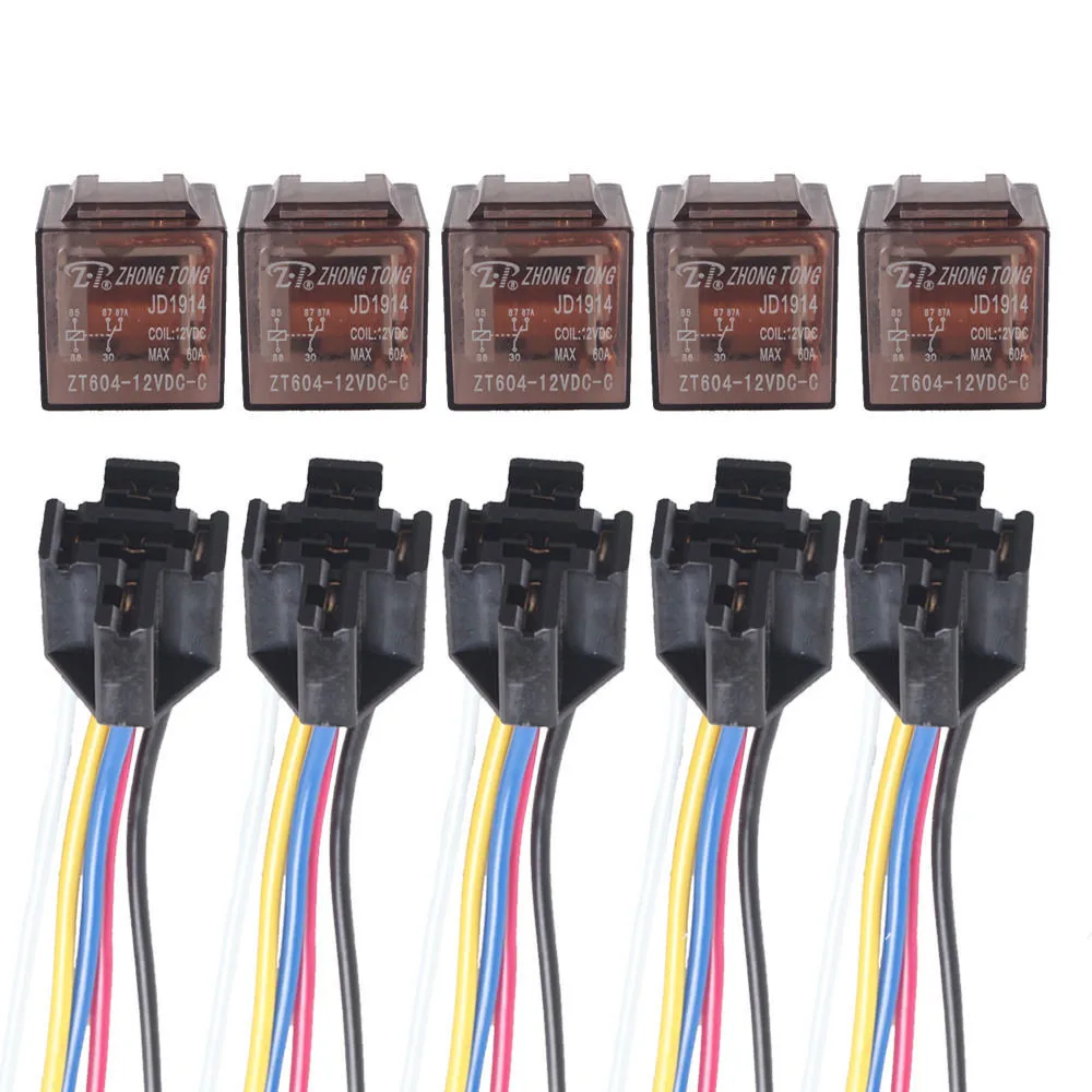 

EE support 5 Pcs 12V 60A 60 AMP SPDT Relay 5 Pin 5P & Socket 5 Wire Truck Auto Car Relays