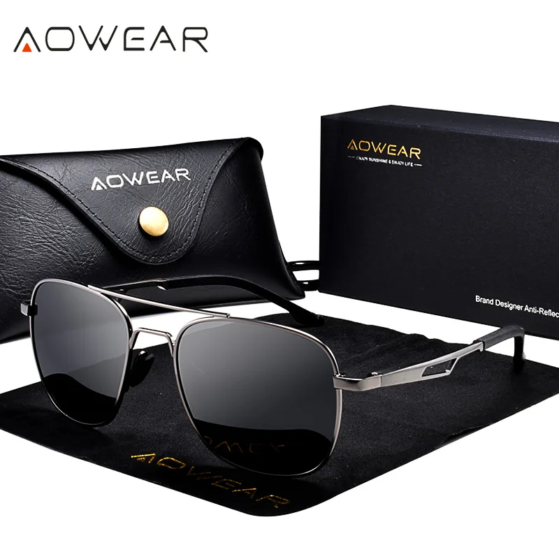 Мужские квадратные солнцезащитные очки AOWEAR поляризационные Модные в стиле ретро