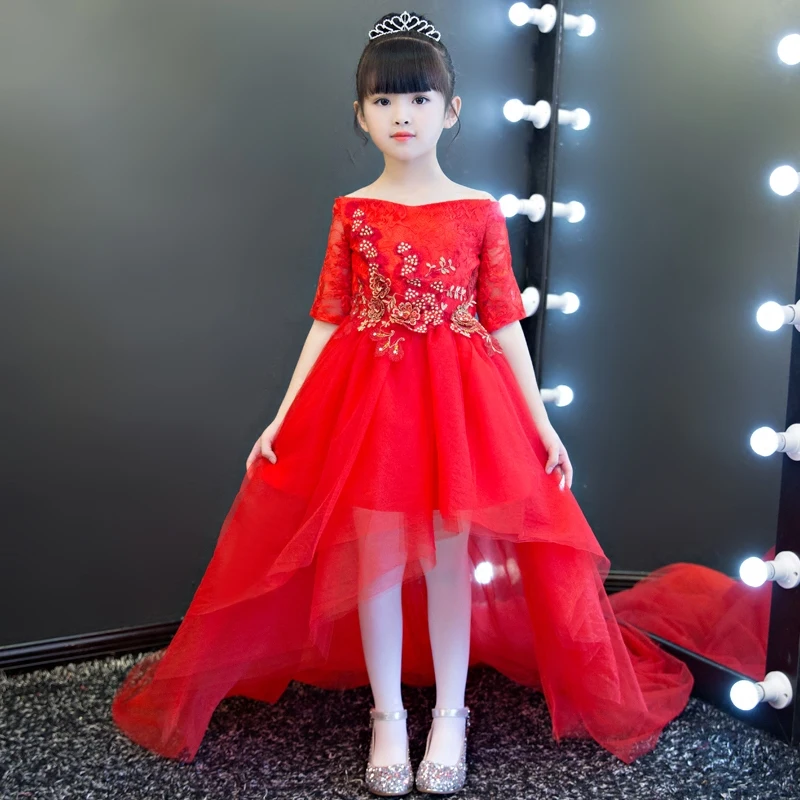 Red Royal Shoulderless Long Tailing Princess Flower Girls Dress Backless Appliques Ball Gown Kids Pageant For Wedding M44 | Детская