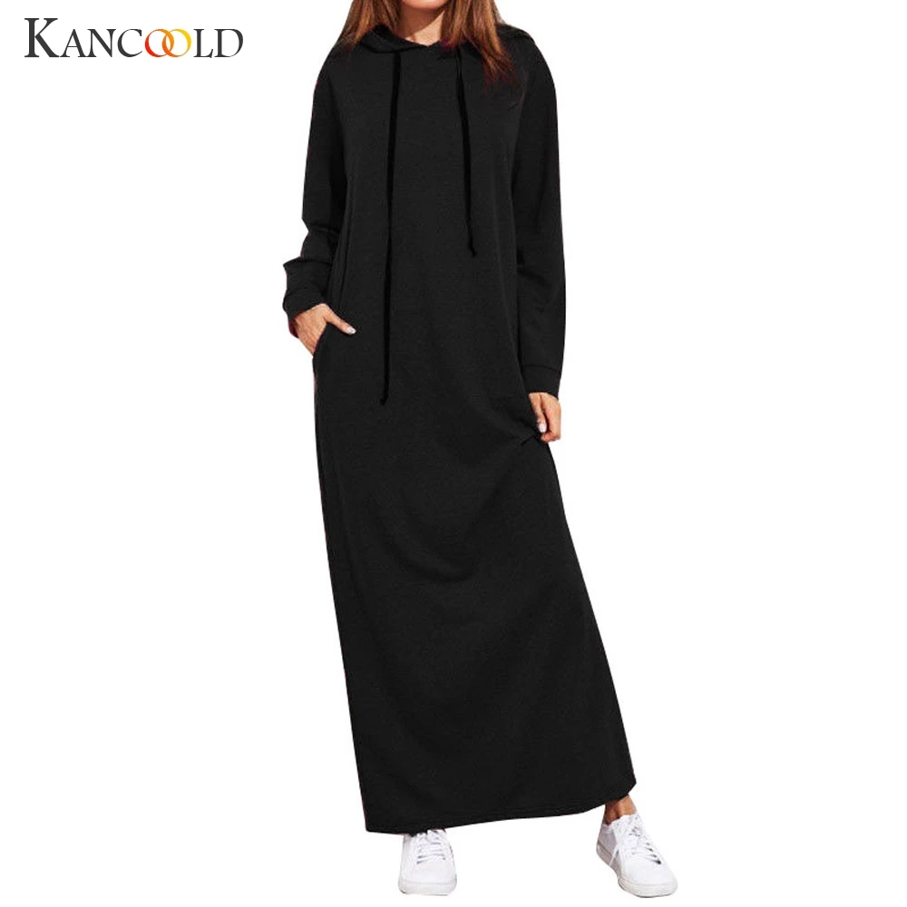 Платье KANCOOLD женское модное макси с длинным рукавом платья капюшоном