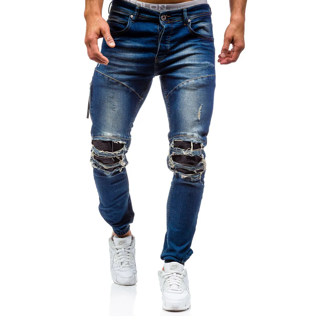 

Men's new spring autumn ripped denim trousers men's slim solid color plus-size cotton jeans high-grade 80s pants