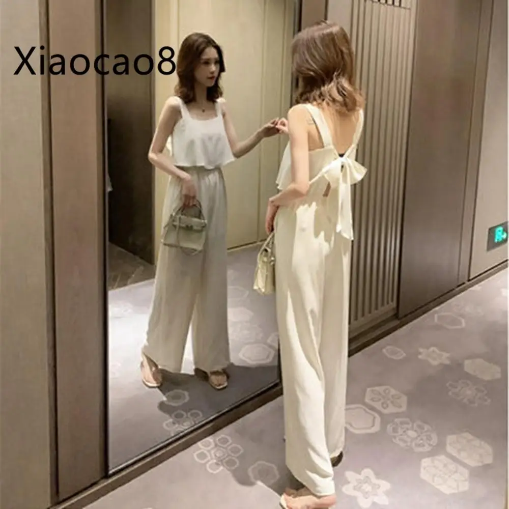 Women Summer Elegant High Waist Sling Romper Ladies Lace Up Bow Straight Trousers Fashion Solid Chiffon Jumpsuits for | Женская одежда