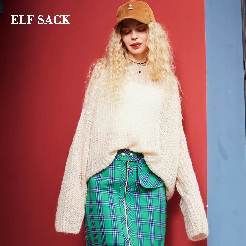 ELFSACK Autumn New Warm Women Sweater Casual Hand Knitted O-Neck Woman Pullovers Solid Loose Harajuku Femme Clothes | Женская одежда