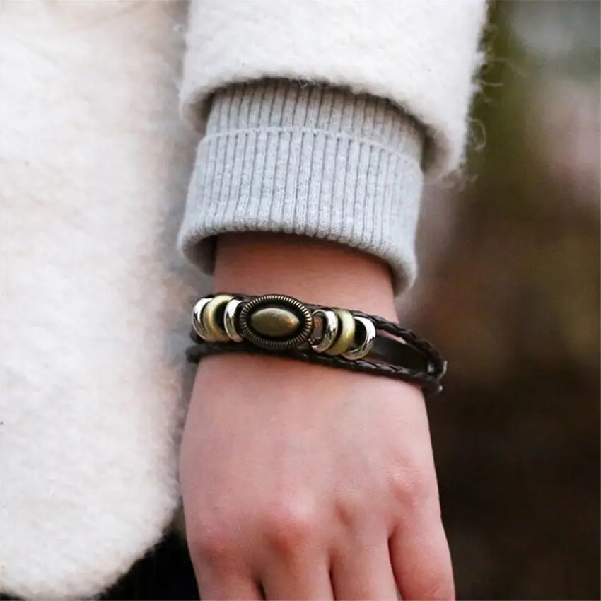 Винтажные Золотые круглые шармы плетеные темно коричневые кожаные браслеты для