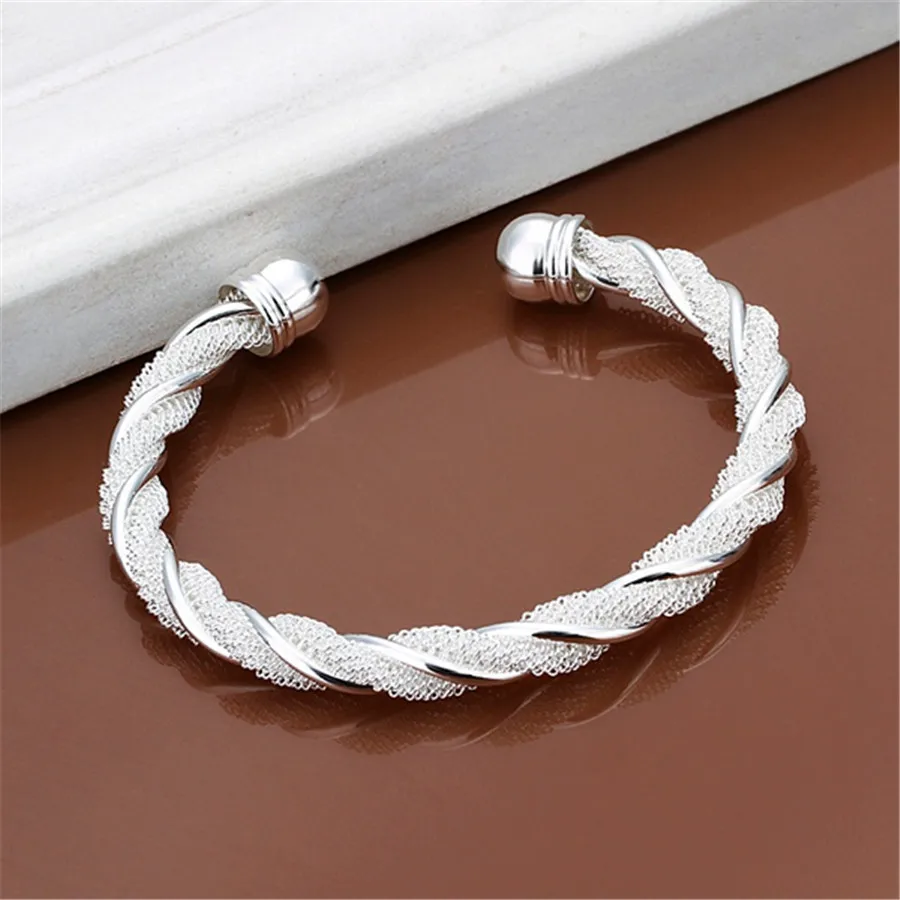 

Christmas Gift Silver 925 Plated Jewelry Beautiful Female Wire Mesh Bangle Bracelet Jewelry For Women Men B020