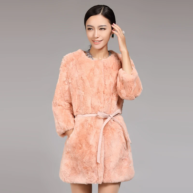 

Autumn and winter new medium long women's thick snap rex rabbit fur coat outerwear women three quarter jacket with a belt