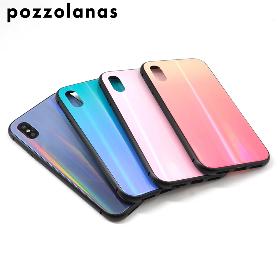 Pozzolanas Phone Soft Case Magnet Flip For iPhoneX Fashion luxury Aurora gradient glass Silicone Waterproof Anti-knock |
