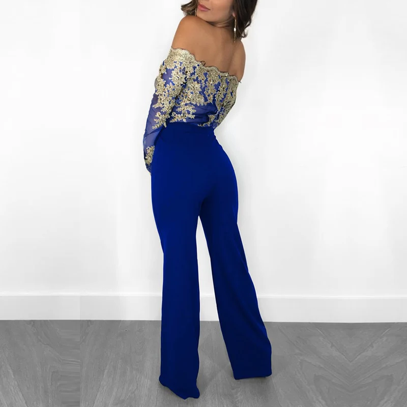 Women Flower Embroidery Off Shoulder Wide Leg Jumpsuit Sexy Bodysuit Lace Patchwork Mesh Party Clothes | Женская одежда
