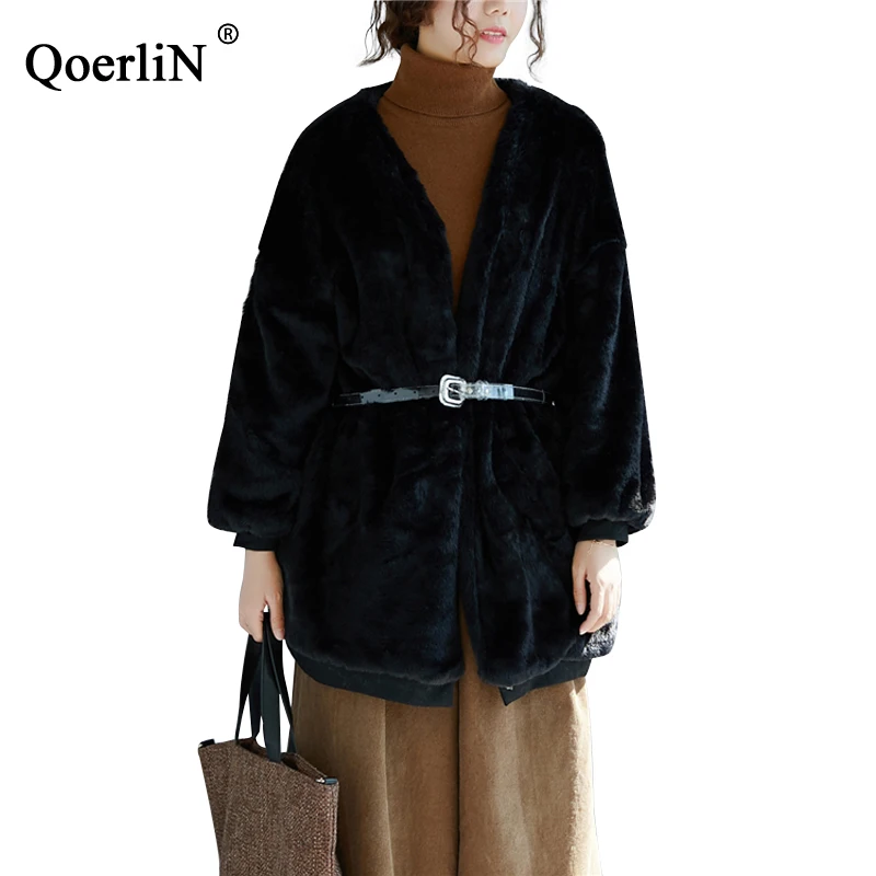 QoerliN Искусственный Мех теплая куртка с поясом теплое зимнее модное пальто