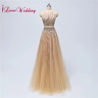 most popular heavy beading evening gown gold tulle custom made a line sleeveless formal dress women elegant party dress