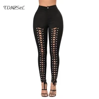 2018 sexy high waist hollow out pencil pants black skinny cross bandage trousersn women ankle length hole leggings party club