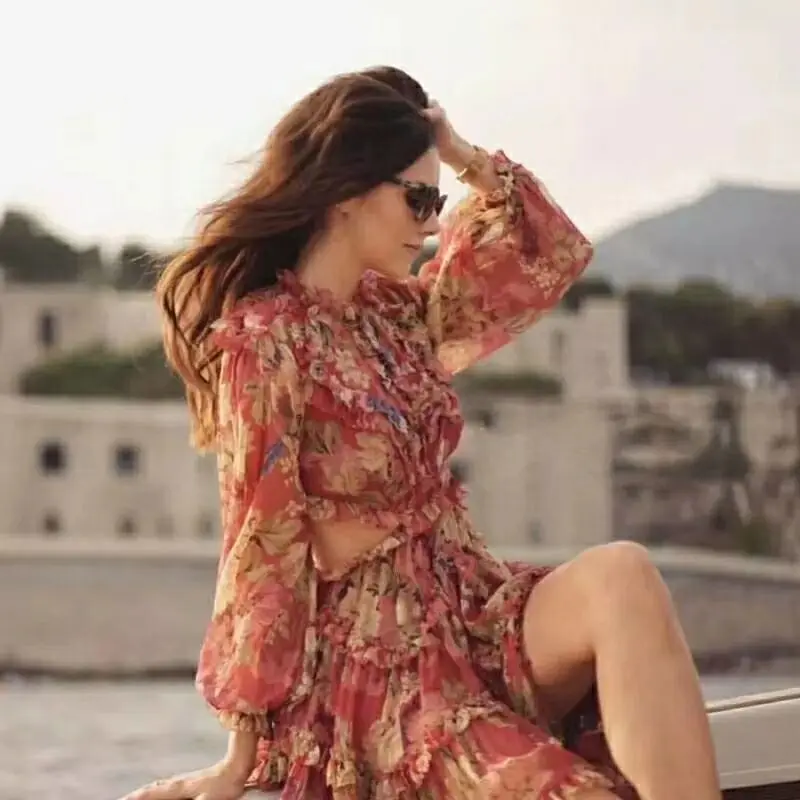 Luoanyfash/платье с оборками и принтом асимметричные платья длинными рукавами