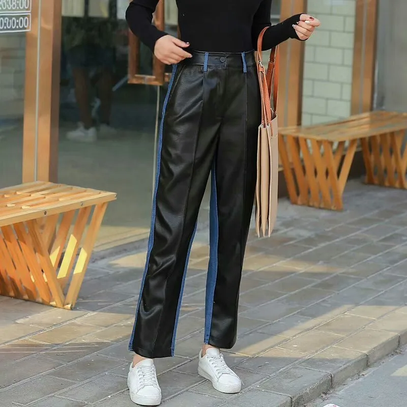 TWOTWINSTYLE Лоскутные Джинсовые брюки из искусственной кожи для женщин Высокая талия