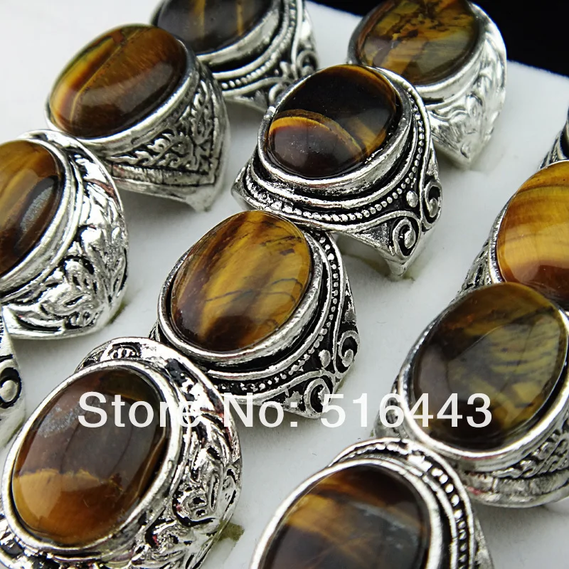 

Promotion 20pcs Vintgage Antique Silver Natural Tiger eye Stones Retro Women Mens Cool Rings Wholesale Jewelry Lots A-653