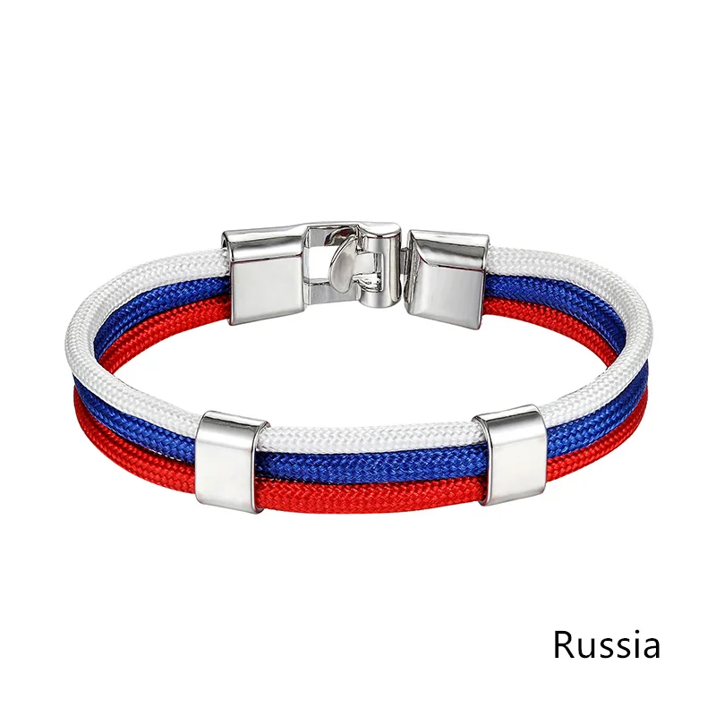 

JAAFAR 2018 New Fashion Country Russia Flag Nylon Rope Leather Bracelets Fashion Knit Bandages Charm Men's Sports Bracelets
