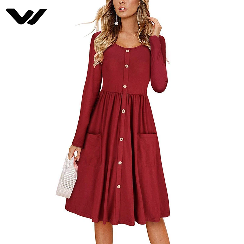 Вики 2018 осенью новый элегантный с круглым вырезом и длинными рукавами платье