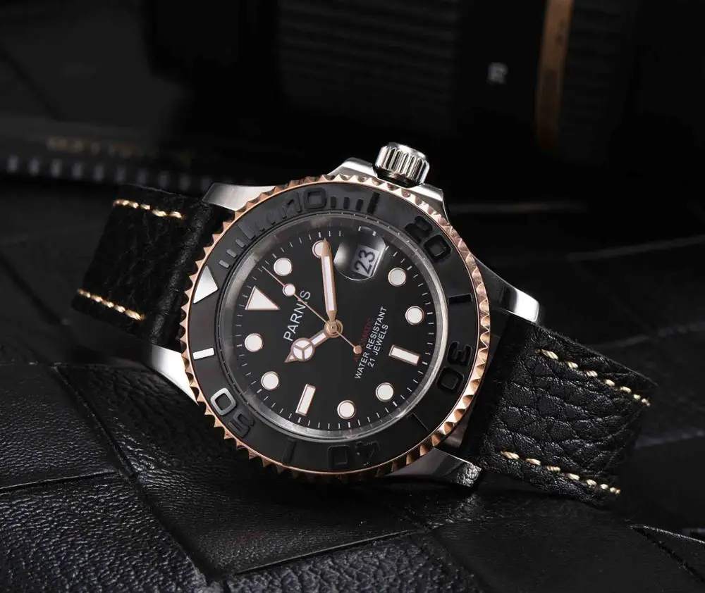 rose gold black Новая мода Parnis 40 мм синий циферблат Для мужчин часы Miyota 8215 сапфировое стекло световой автоматические механические Для мужчин часы PA6079 - Цвет: rose gold black