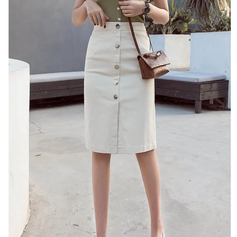 NORMOV Fashion Women High Waist Single Breasted Jean Skirt Streetwear Skinny Female Pencil Skirt White Pockets Denim Skirt