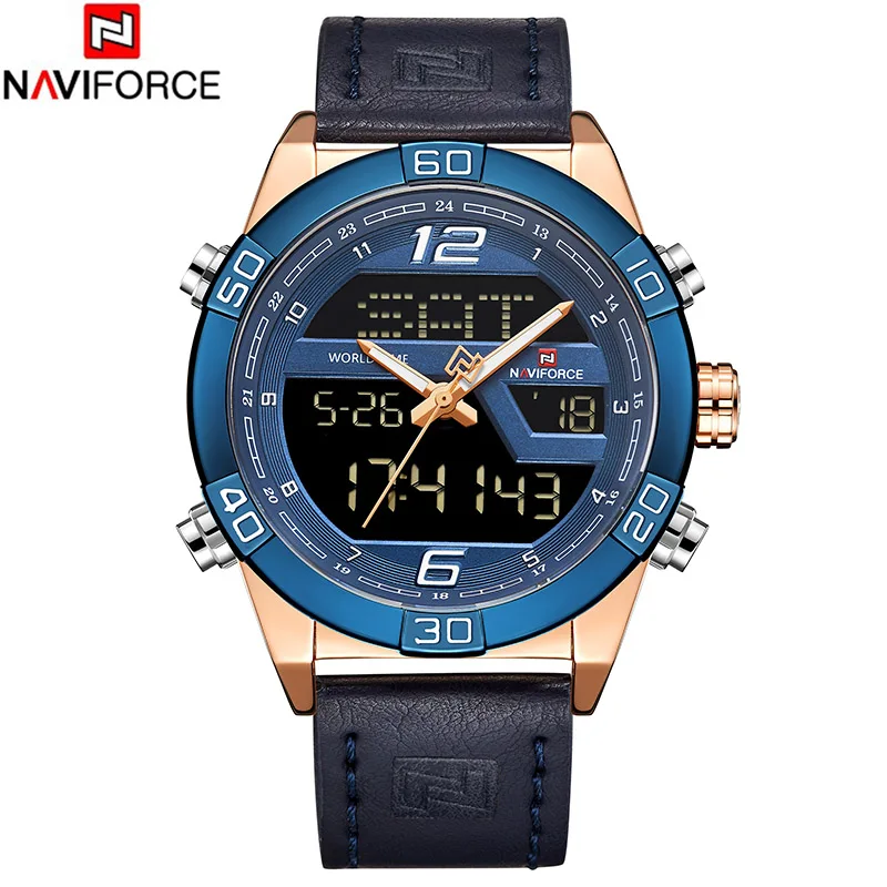 Blue Gold Blue NAVIFORCE мужские наручные часы Цифровой Хронограф военные мужские часы роскошные кожаные повседневные кварцевые часы мужские часы цифровой светодиодный - Цвет: Blue Gold Blue