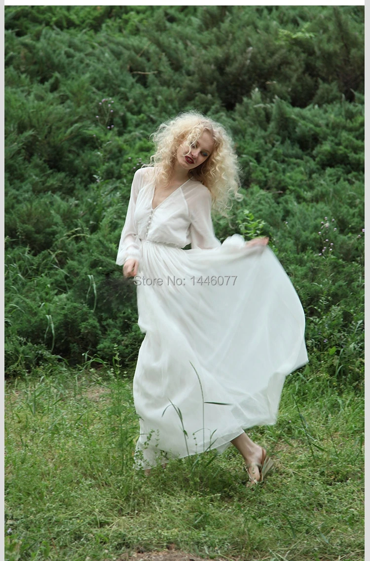 New 2015 Sexy Women Long Sleeve White Chiffon BOHO MAXI Dress Party Beach Prom V neck Lantern Solid Dresses Hot | Женская одежда