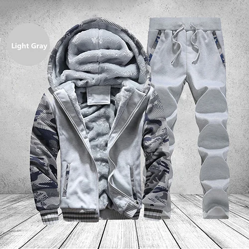 Lightgrey D62 Осенне-зимний теплый мужской спортивный костюм из 2 предметов, толстый свитшот, куртки, спортивные штаны,, фирменный мужской костюм, повседневная спортивная одежда, мужская верхняя одежда - Цвет: Lightgrey D62