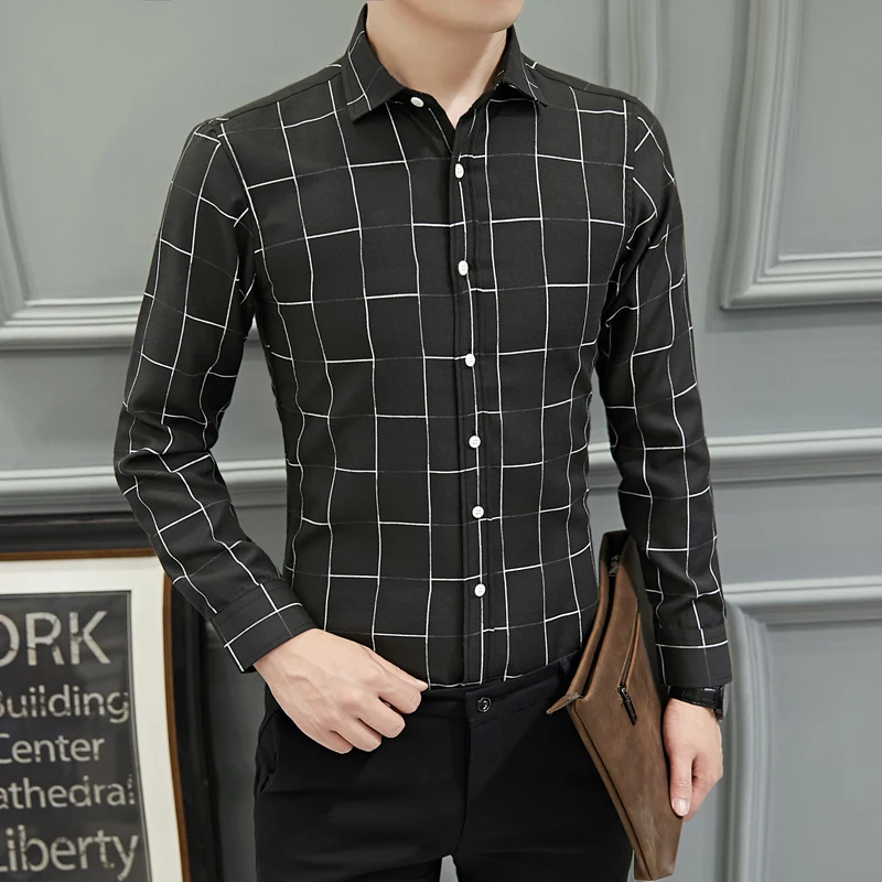 Рубашка мужская в клетку модная блуза Slim Fit деловая повседневная черная белая