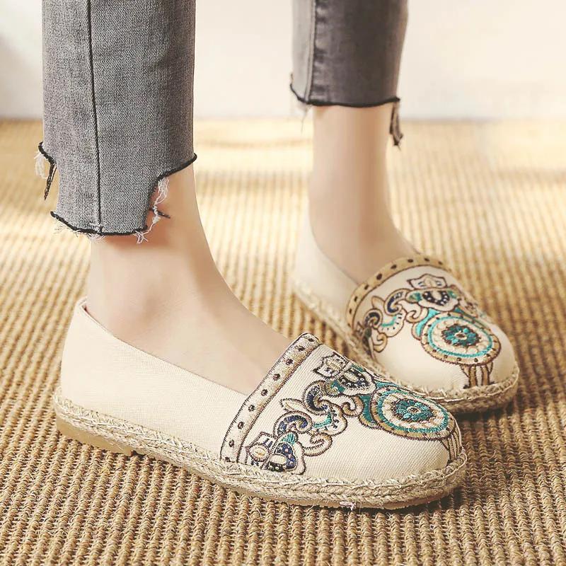2019 Лен плетеная солома Для женщин туфли из дышащего материала с вышивкой ручной