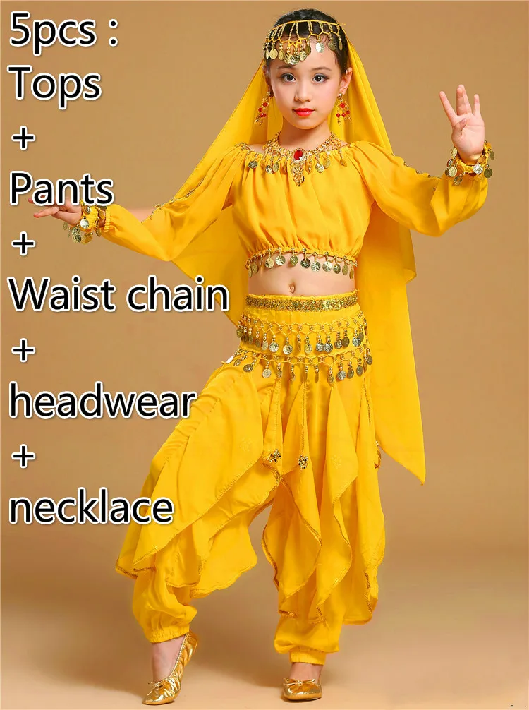5pcs yellow Новая детская одежда для индийских танцев платье для выступлений танец живота Национальный Болливуд танцевальные костюмы для девочек Одежда для танца живота комплект одежды - Цвет: 5pcs yellow