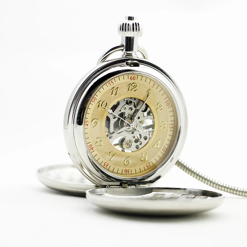 Silver Luxury Mesh Carved Double Opening Manual Mechanical Pocket Watch Royal Emblem Gentleman Style Pendant Necklace Clock
