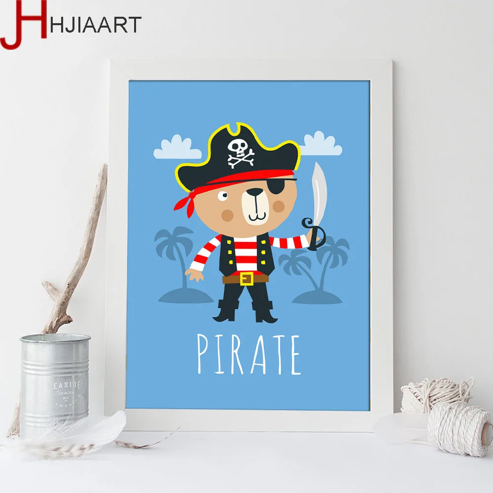 Без рамки милые животные пиратский супергерой медведь плакат детская картина
