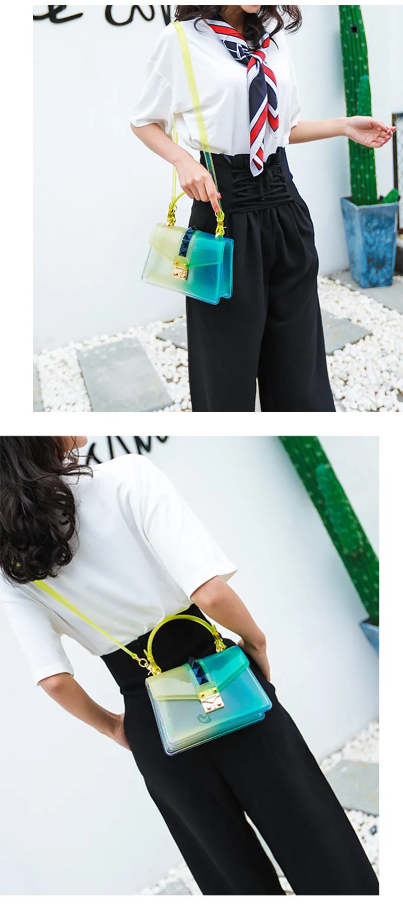 Transparent Satchel Handbag Gradients Color Clear Jelly Transparent PVC Rivets Candy Color Tote Bags Crossbody Messenger Bag