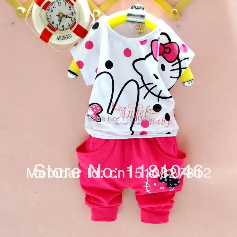 Hot selling summer baby girl clothes set cartoon batwing tees+shorts 2 pcs chidlren's suit Hello Kitty tracksuit L004 | Мать и
