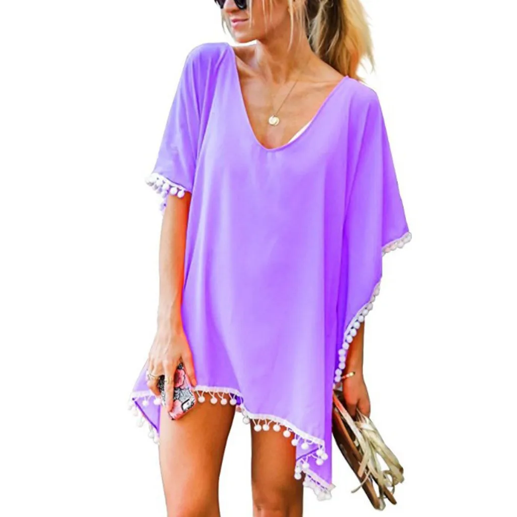 Фиолетовый MUQGEW, летний женский купальник, бикини, накидка, сексуальный, пляжный, накидка, шифон, с кисточками, платье, элегантный, пляжный купальник, туника, kaft - Цвет: Фиолетовый