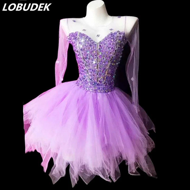 New Design Women Mesh Sleeve Purple Rhinestones Short Dress For Female Singer Dancer Performance Costume Fashion Bubble Dress