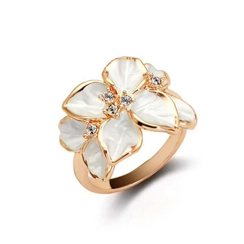 Hot Sale Rose Gold Color Delicate Crystal Black Enamel Flower Female Ring Elegant Charm Quality Wedding Jewelry Accessories | Украшения и
