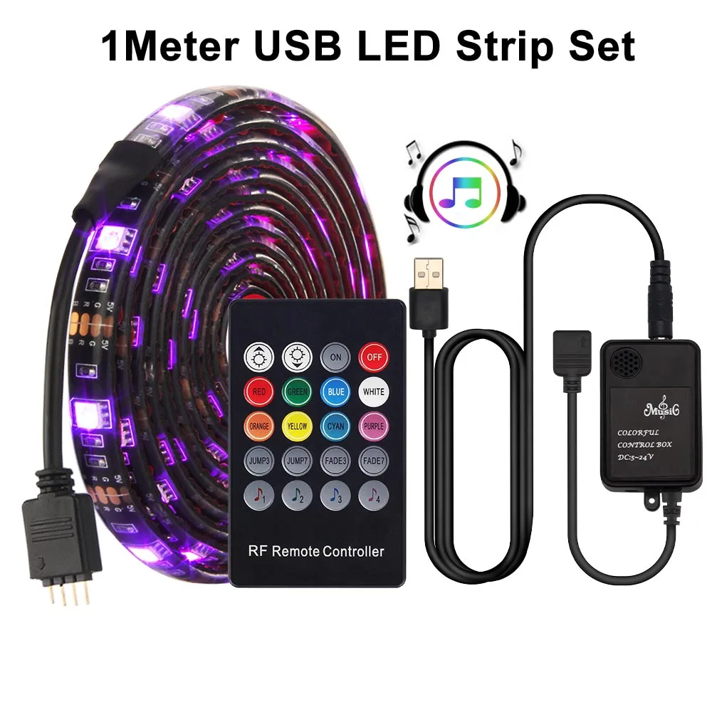 Светодиодная лента 5050 RGB с музыкальным сенсором контроллер 20Key пульт дистанционного управления Гибкая полоса светодиодный светильник - Испускаемый цвет: USB 1M RF SET
