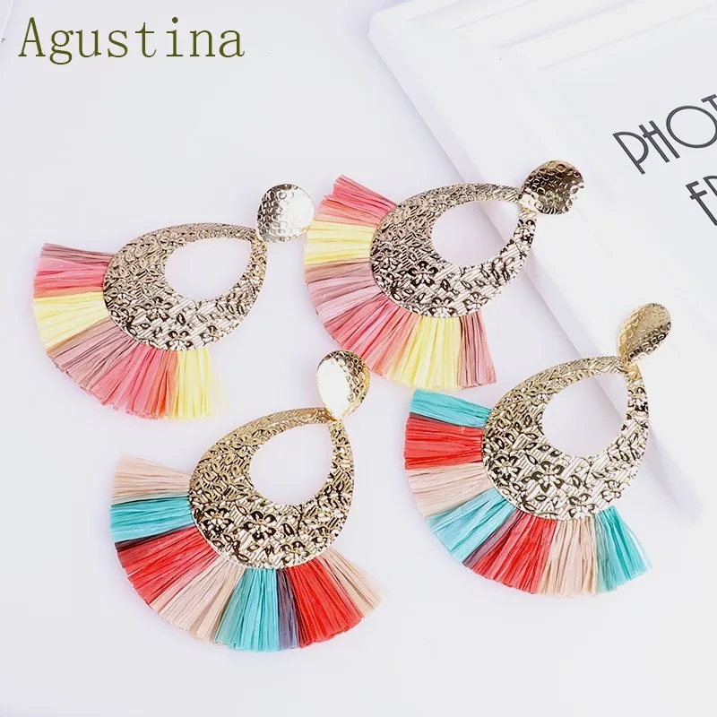 2019 серьги для женщин красочные с бахромой из ротанга кисточками богемные